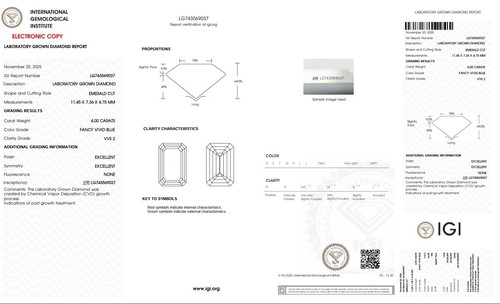 4.00 Ct Lab Diamond Emerald Cut Blue Diamond IGI certified VVS2 Eco Friendly Jew - Picture 2 of 11
