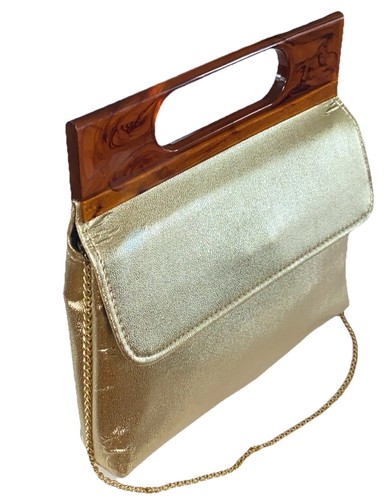 Vintage 50er Jahre Gold Handtasche Art Deco Tasche Tigerauge Lucite Henkel & Goldkettenriemen - Bild 3 von 16