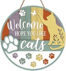 Deroro Welcome Hope You Like Cats Front Door Sign, Paw Prints Wood Yellow Cat 
