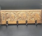 Hand Carved Elephants Key Coat Rack Oak Wood With 4 Metal Hooks 15"