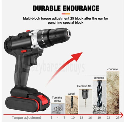 48V Brushless Heavy Duty Cordless Drill Impact Driver Kit Hammer+2 Battery Box - Picture 7 of 12