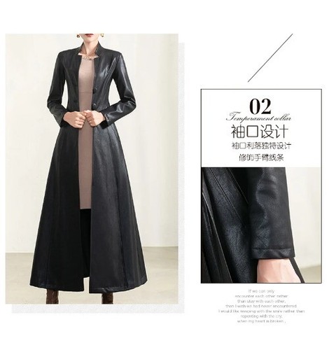 Long Black Soft Waterproof Faux Leather Coat Women Belt Single Breasted Luxury - Bild 12 von 13