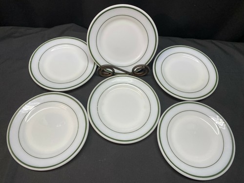 Set of 6 ~ Corning Milk Glass Horn Blower Plates GREEN STRIPES ~ 6 3/4" - Picture 5 of 8