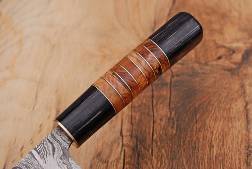 HAND FORGED DAMASCUS STEEL CHEF KNIFE & BUFFALO HORN W/OLIVE WOOD HANDLE AH-1496 - Picture 3 of 5