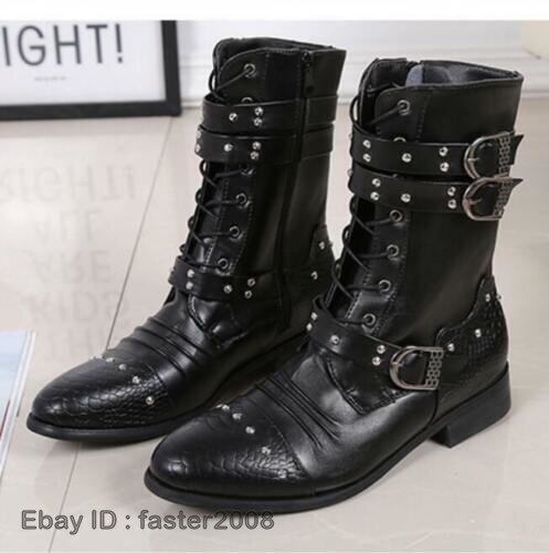 Mens Rivet Buckle Punk Rock Ankle Boots Goth Lace Up Zip Motorcycle Riding Shoes - Picture 12 of 13