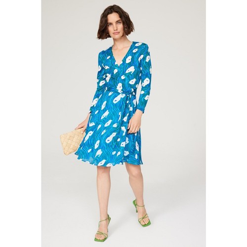 RTR Diane von Furstenberg SZ XL Blue Irina Printed Silk Long Sleeve Wrap Dress