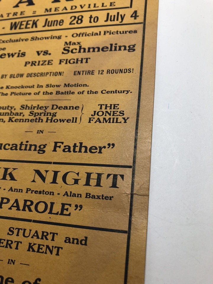 1936 Joe Louis Max Schmeling Boxing Park Theatre Schedule. Meadville PA