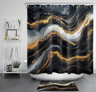 Aesthetic Marble Textured Black and Gold Shower Curtain Bathroom Accessories Set