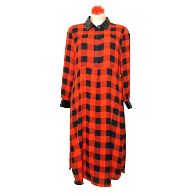 NY&C Women Longline Duster Top XXL Red Buffalo Plaid Checker Faux Leather Trim