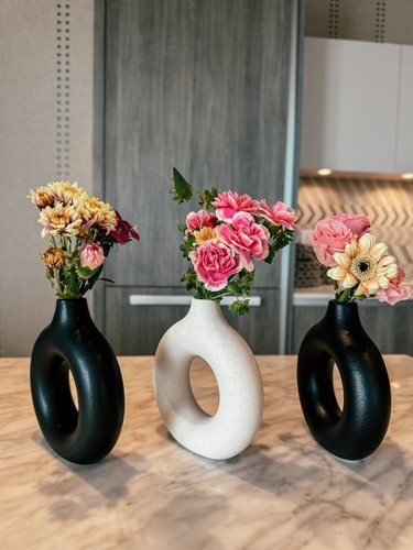 Small Black Smooth Donut-Shaped Nordic Ceramic Vase for Modern Home Decor - Picture 6 of 7