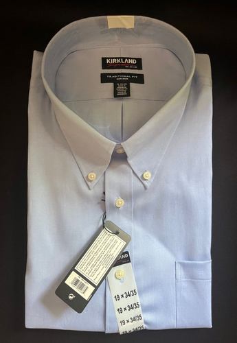 Camicia Kirkland senza ferro 100% cotone su misura manica lunga blu massiccio 19 34 35 nuova - Foto 2 di 6