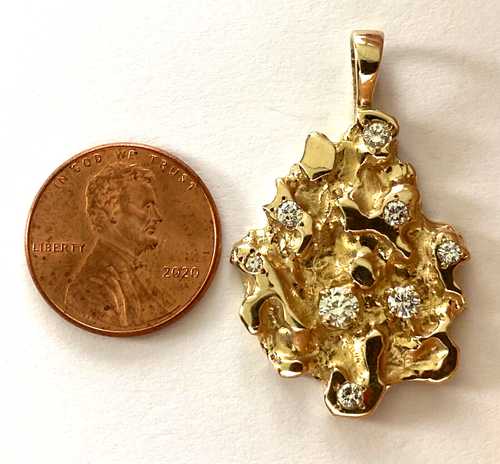 14K Yellow Gold 0.85cttw 8 Natural Diamond Gorgeous Nugget Design Unisex Pendant - Picture 2 of 12