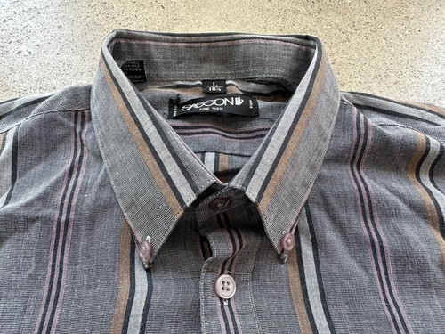 Vintage Sasson For Men Gray Striped Polycotton Button-Up Long-Sleeve Shirt Sz L - Picture 3 of 7