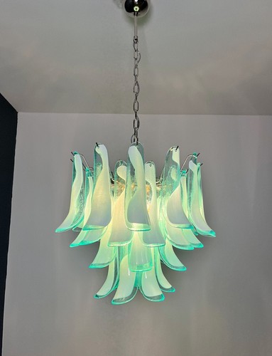 Italian vintage Murano chandelier - Mazzega - 36 lattimo turquoise glass petals - Picture 17 of 23