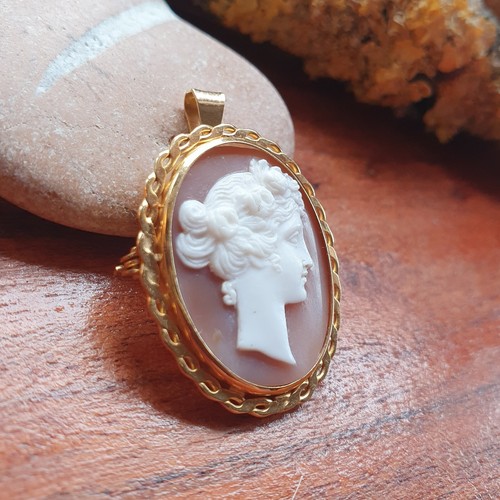 Fully Hallmarked solid 9ct 375 gold Carved Shell Cameo Brooch Pendant Goddess - Picture 11 of 14