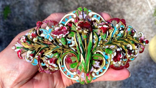 Antique Vintage HUGE Art Nouveau Enamel Brass Belt Buckle Multi Color Flowers EX - Afbeelding 3 van 15