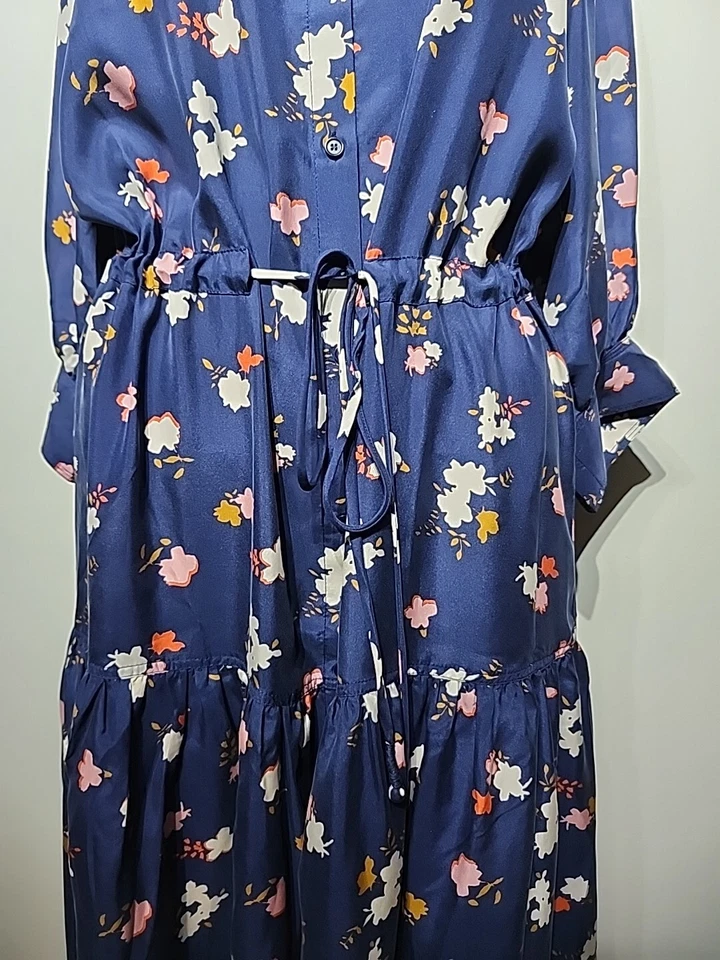Apiece Apart Navy Silk Floral Button Front 3/4 Sleeve Midi Dress Size 4 - Image 3 of 4