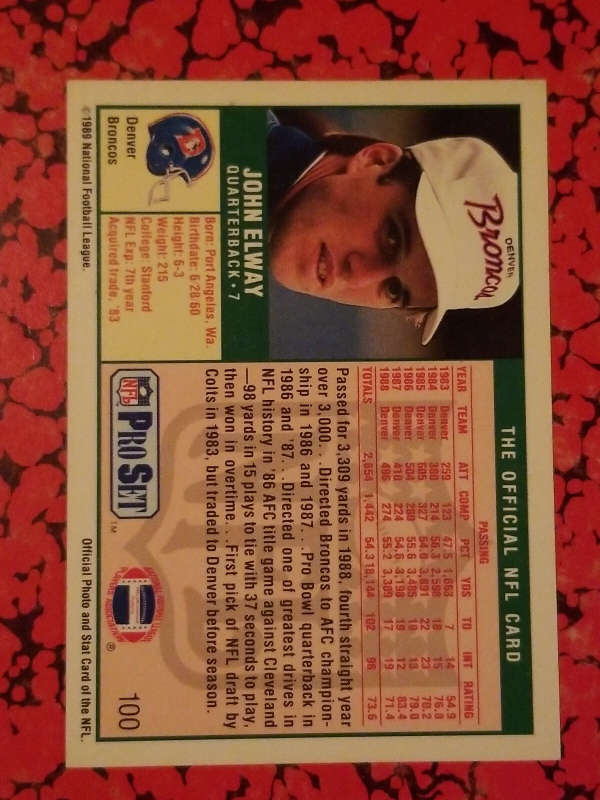 1989 Pro Set Football Card 100B John Elway Acquired Trade corrected 