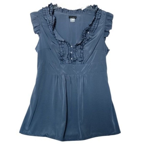 Venus Damen Größe 14 Blau Grau Metallic Rüschenkragen Kurzarm Oberteil