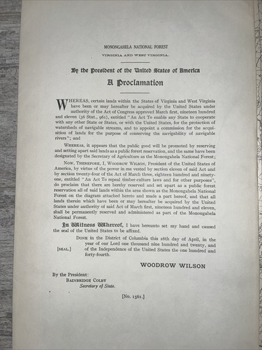 Monongahela National Forest Map Proklamation Woodrow Wilson 1920 - Bild 3 von 3
