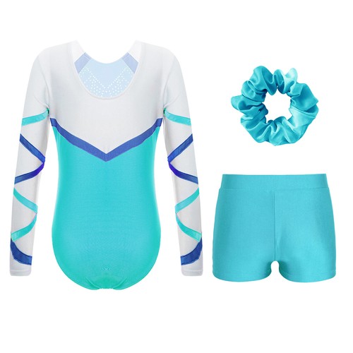 Kids Girls Tracksuit Rhinestones Leotard With Shorts Gymnastic Dance Outfit Gym - Picture 17 of 43