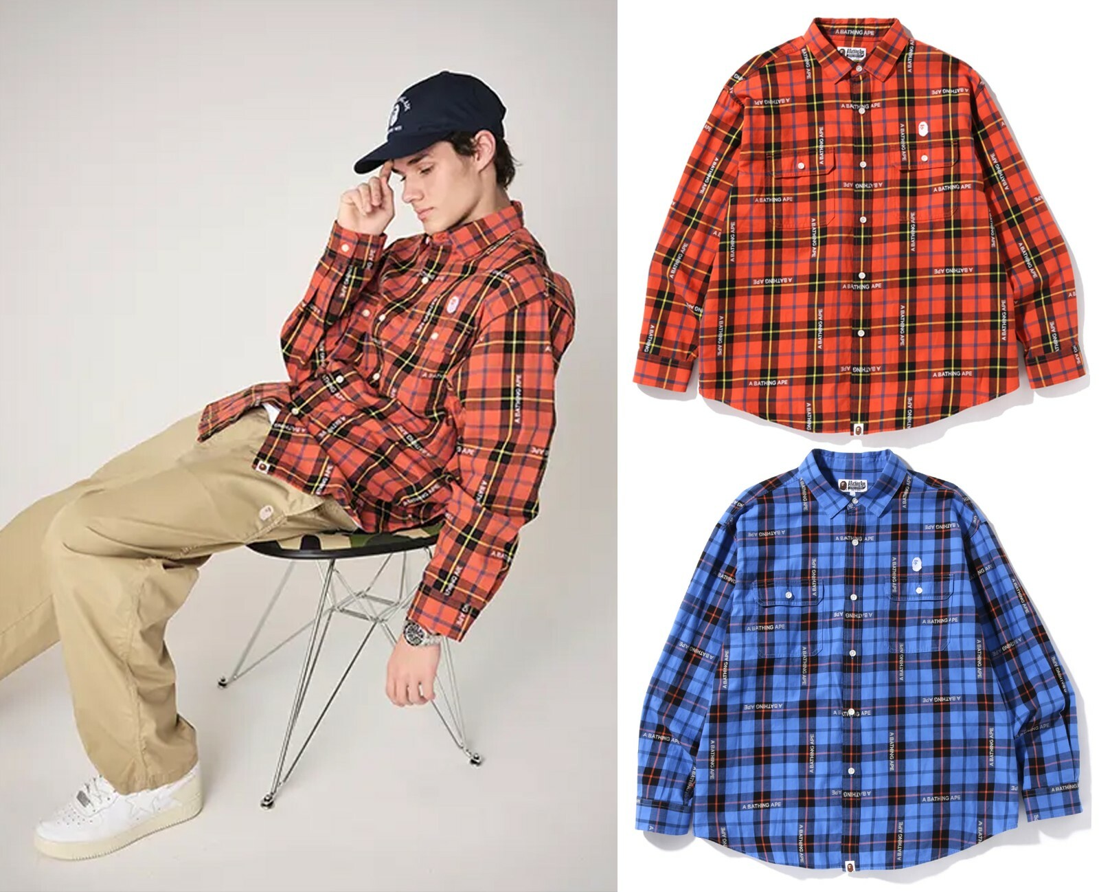 2022 SS A BATHNIG APE Men's BAPE LOGO CHECK LOOSE FIT SHIRT Red / Blue New