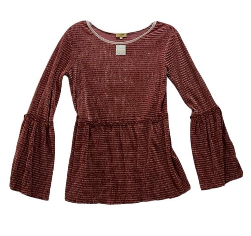 Womens Velour Bell Sleeve Tunic Top Pink Velvet Knit Blouse Size M