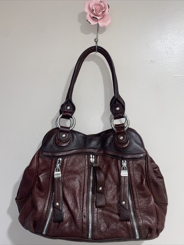 B Makowsky Brown Cognac Leather Handbag Bag Purse Silver Tone Hardware Leopard - Picture 7 of 10
