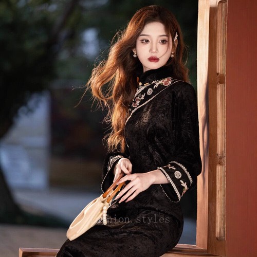 Chinese Style Womens Qipao Stand Collar Long Dress Side-slit Cheongsam Floral Sz - Picture 5 of 25