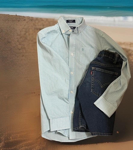LOT 2 Boys Medium 10 12 IZOD Dress Shirt Blue Plaid LEVIS Jean Shorts 511 Slim