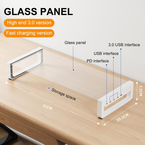 Computer Monitor Glass Riser Holder With USB Type-C HUB PC Screen Stand Bracket - Picture 8 of 23