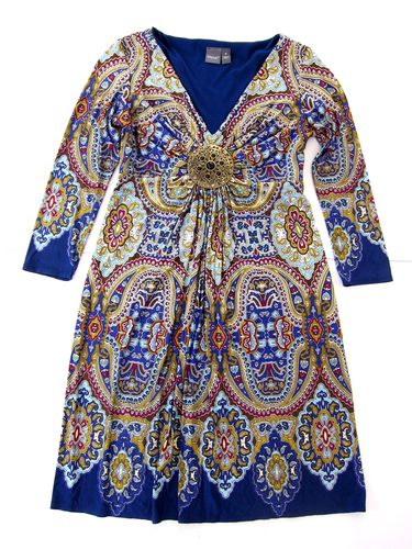 Muse blau rosa Blumen Stretch Gold Perlen Medaillon 3/4 Ärmel Etuikleid 4