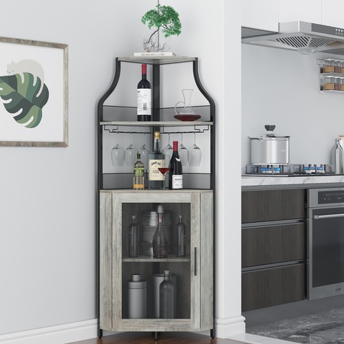 Corner Wine Home Bar Cabinet for Liquor and Glasses Wine Racks With Wood Shelves