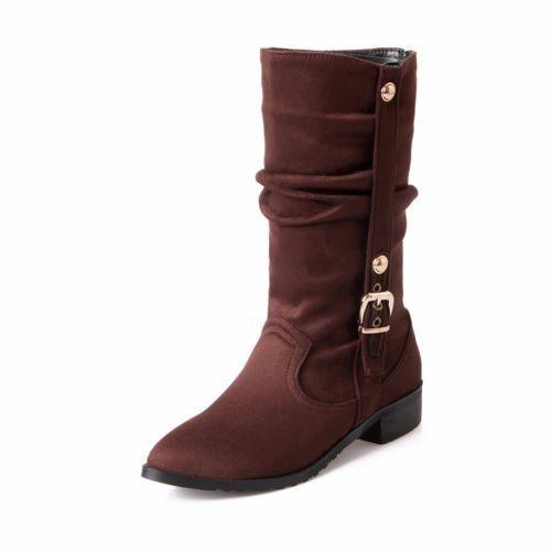 Moda Mujeres Media Pantorrilla Cinturón Hebilla Punta Redonda Botas de Caballero Talla Grande Zapatos - Imagen 14 de 22