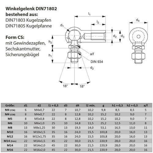 1x M14x2 Edelstahl V2A Winkelgelenk Kugelgelenk CS RH DIN 71802 inkl. Dichtung - Bild 2 von 2