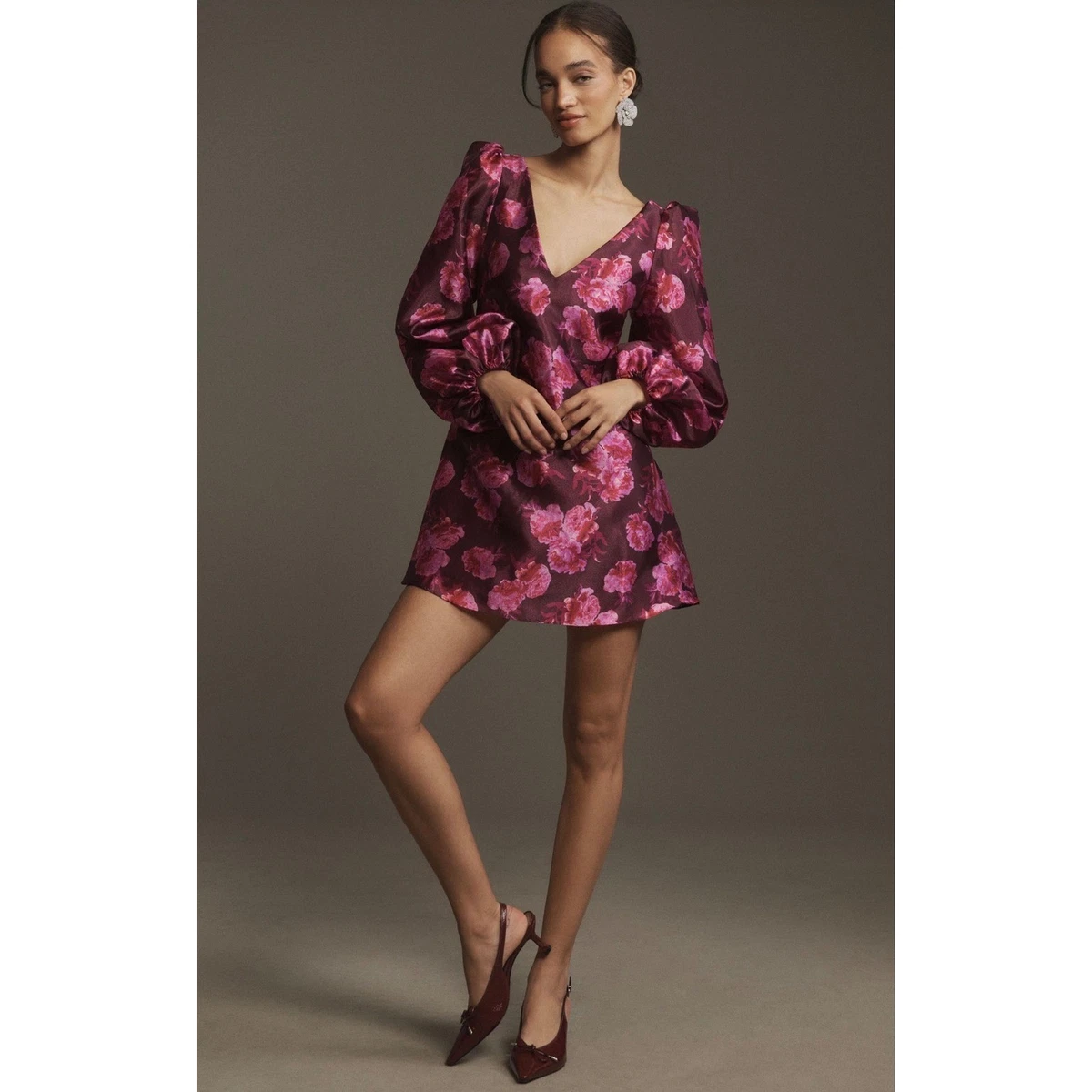 bhldn long-sleeve high-neck floral a-line mini dress Bhldn Long-Sleeve High-Neck Floral A-Line Mini Dress In White Dahlia - 30%  Off