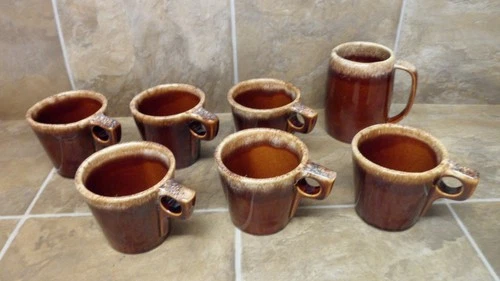 Hull Pottery Set Of 7 Vintage Brown Drip Glaze Coffee Cups Mugs Oven Proof USA