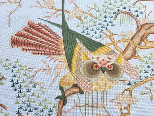 P3 Designs Hand Painted Needlepoint Canvas Japanese Owl Cherry Blossoms 184A - Picture 3 of 10