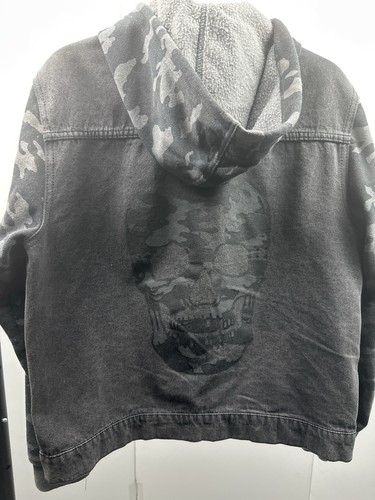 Herren mittelgrau Camouflage Totenkopf Jeansjacke Hoodie Sherpa gefüttert Streetwear - Bild 2 von 4
