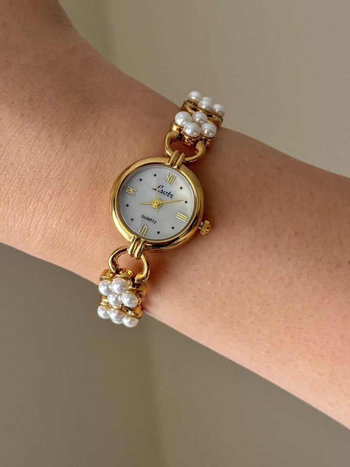 优雅女式珍珠手表手链金色带极简主义复古风格 — 第 2/4 张图片