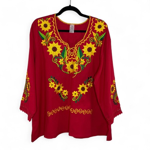 Blusa Campesina Mexicana Bordada Rojo Girasol Floral Top 100% Algodón XL Boho - Imagen 1 de 9