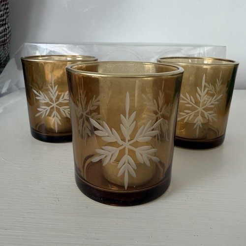 NEW Set of 3 Gold Glass Etched Snowflake Votive Candle Holders Holiday Decor - Picture 2 of 11