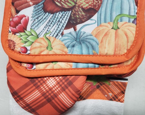 5pc Set: 2 Pot Holders,2 Towels & 1 Oven Mitt, THANKSGIVING TURKEY & PUMPKINS,AM - Picture 7 of 18