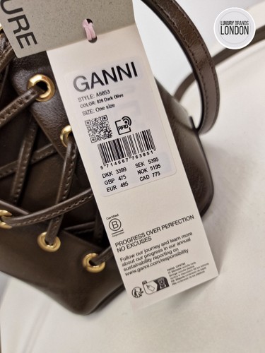 Ganni Bou Bucket Bag Mini Eyelets Leather Dark Olive Brand New Authentic RP £475 - Picture 8 of 18