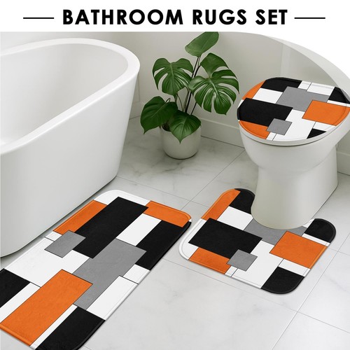 Orange Geometric Shower Curtain Set with Toilet Lid Cover and Non-Slip Rugs f... - Picture 5 of 7