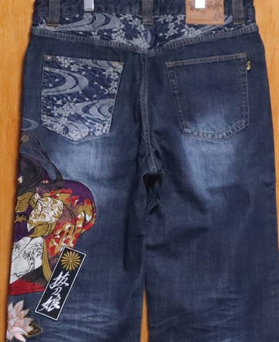 NEW Bakuto Musume Embroidered Denim Jeans Samurai Girl Size 38 Deadstock - Picture 4 of 4