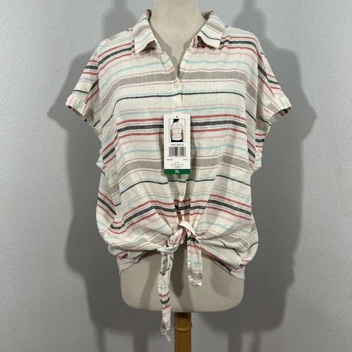 Weatherproof Top Women XL Washable Linen Stripe Tie Front Button up Boxy Blouse - Picture 1 of 8