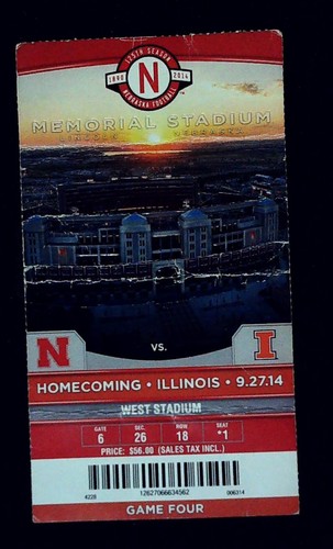 Nebraska Illinois Illini Ticket Stub Homecoming West Stadium Lincoln 27.09.2014 - Bild 1 von 2