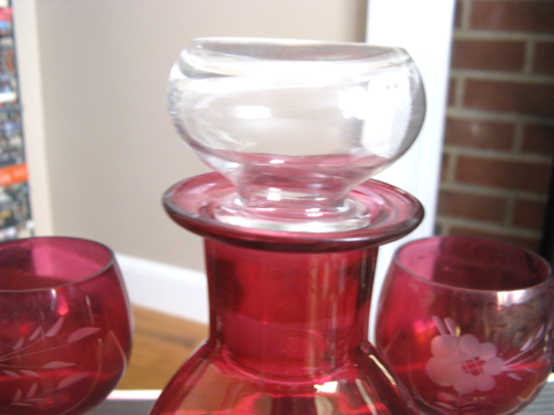 Ruby Red Flash Glass 8" Decanter w Stopper & 8 Brandy Snifters/Glasses - Picture 5 of 7
