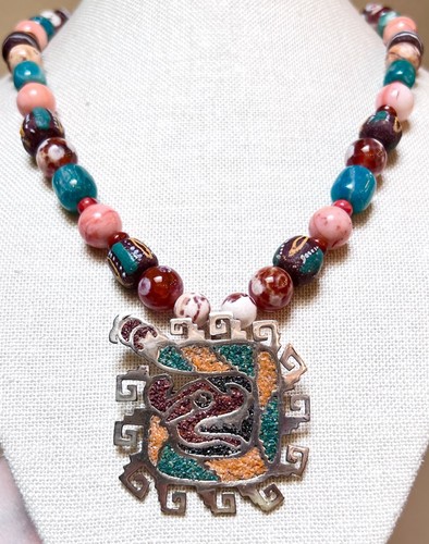 SCHÖNE Sterling Silber Amazonit, roter Jaspis, Handelsperle, Emaille Maya Halskette - Bild 2 von 15